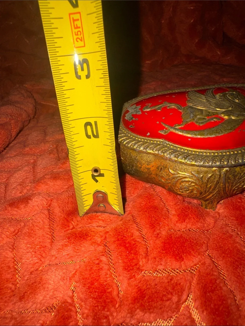 Vintage Ornate Brass & Enamel Pegasus Trinket Box Red Velvet Lined Footed Casket